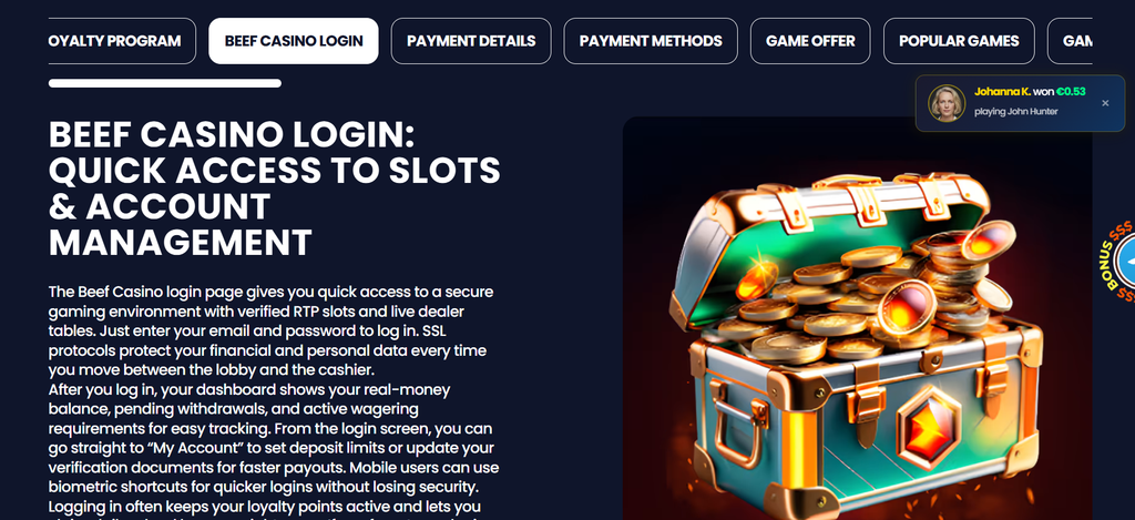 No deposit bonus conditions listed by Beef Casino